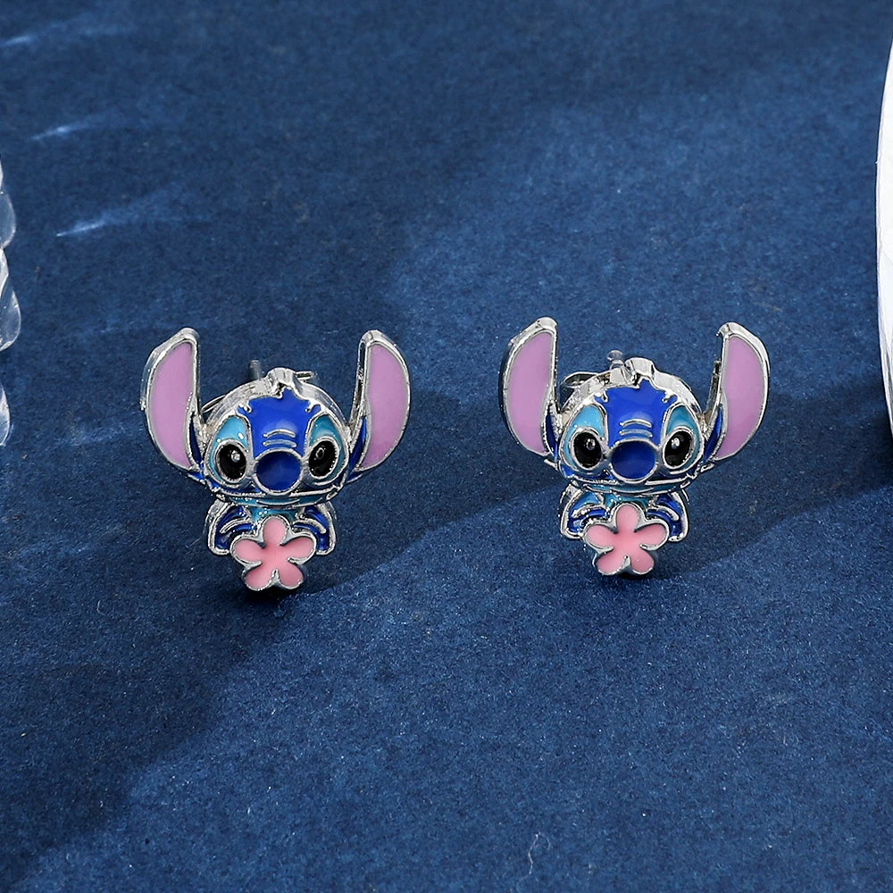 Disney-Cute Cartoon Stitch with Flower Stud Earrings