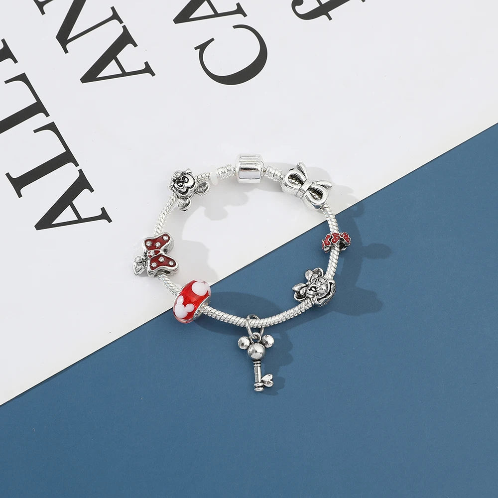 Disney Jewelry Red Crystal Mickey Minnie Pendant Bead Bracelet Silver