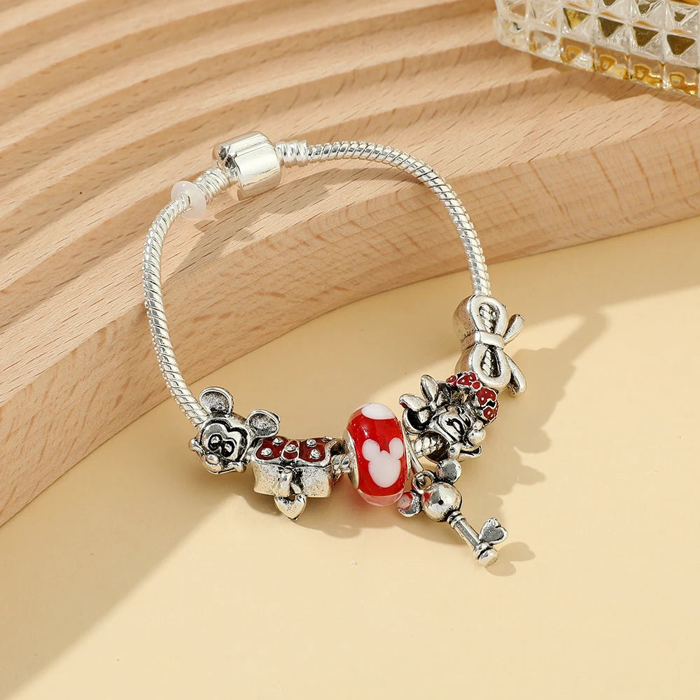 Disney Jewelry Red Crystal Mickey Minnie Pendant Bead Bracelet Silver