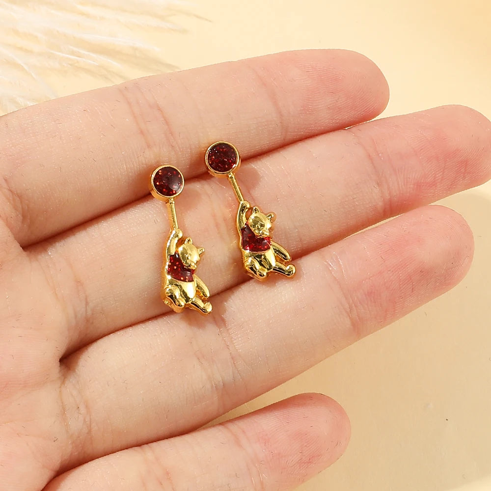 Disney Pooh Bear Rubies Ear Studs Luxury Charm Jewelry Cartoon Winnie the Pooh Earrings Accessories for Women High Quality Gift