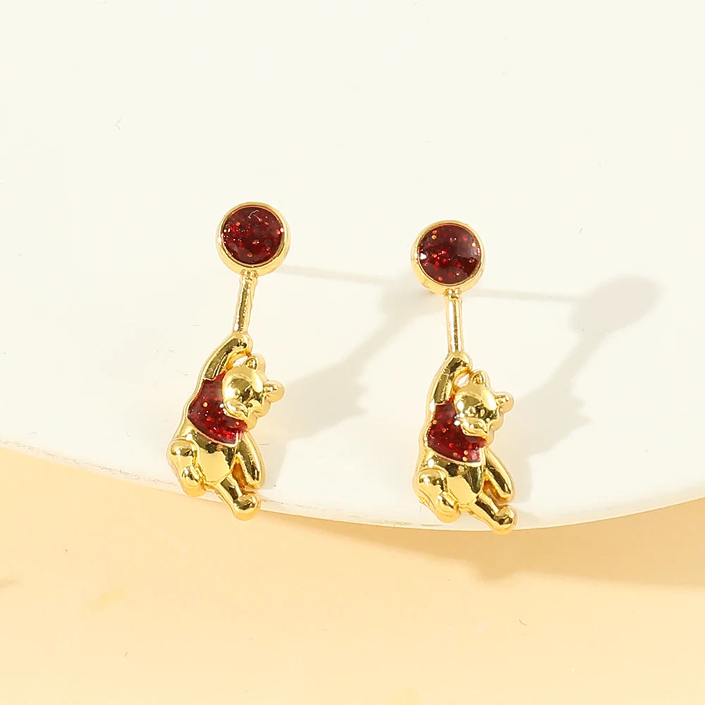 Disney Pooh Bear Rubies Ear Studs Luxury Charm Jewelry Cartoon Winnie the Pooh Earrings Accessories for Women High Quality Gift