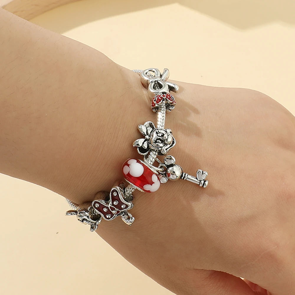 Disney Jewelry Red Crystal Mickey Minnie Pendant Bead Bracelet Silver