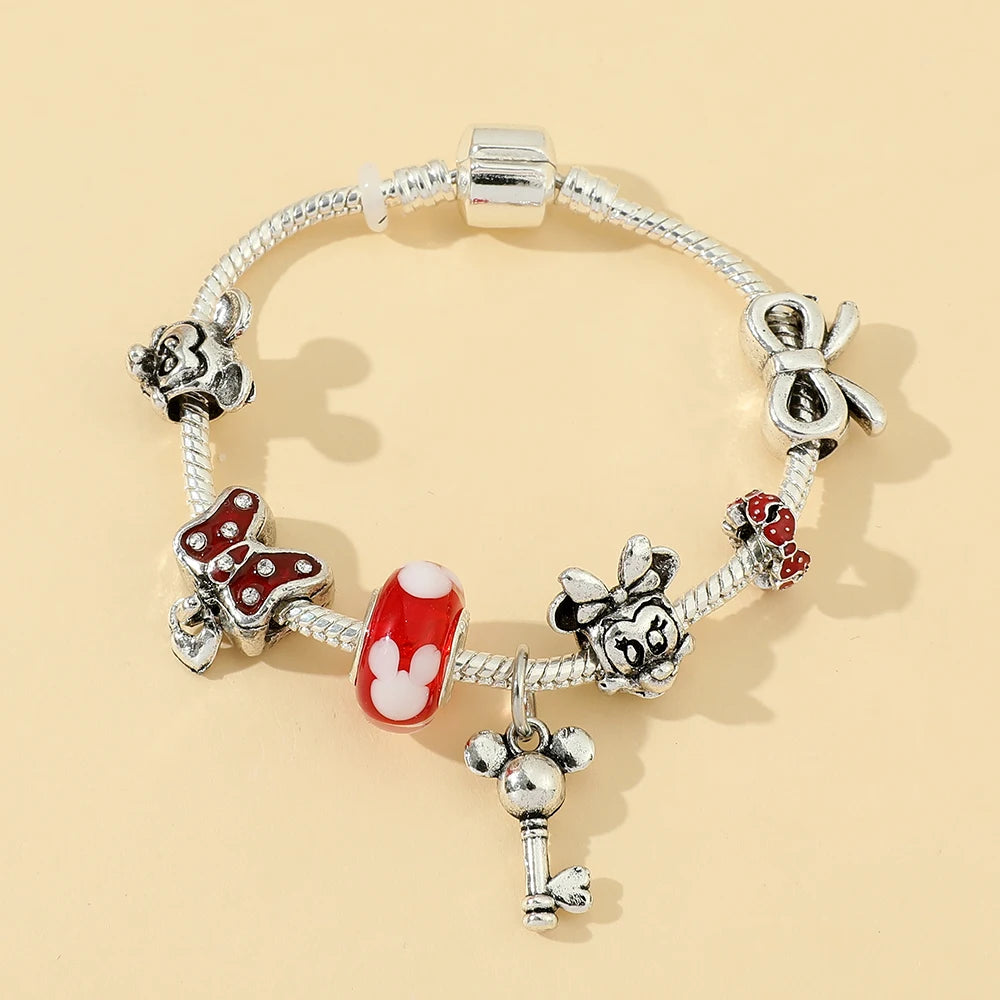 Disney Jewelry Red Crystal Mickey Minnie Pendant Bead Bracelet Silver