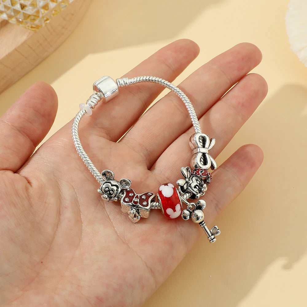 Disney Jewelry Red Crystal Mickey Minnie Pendant Bead Bracelet Silver