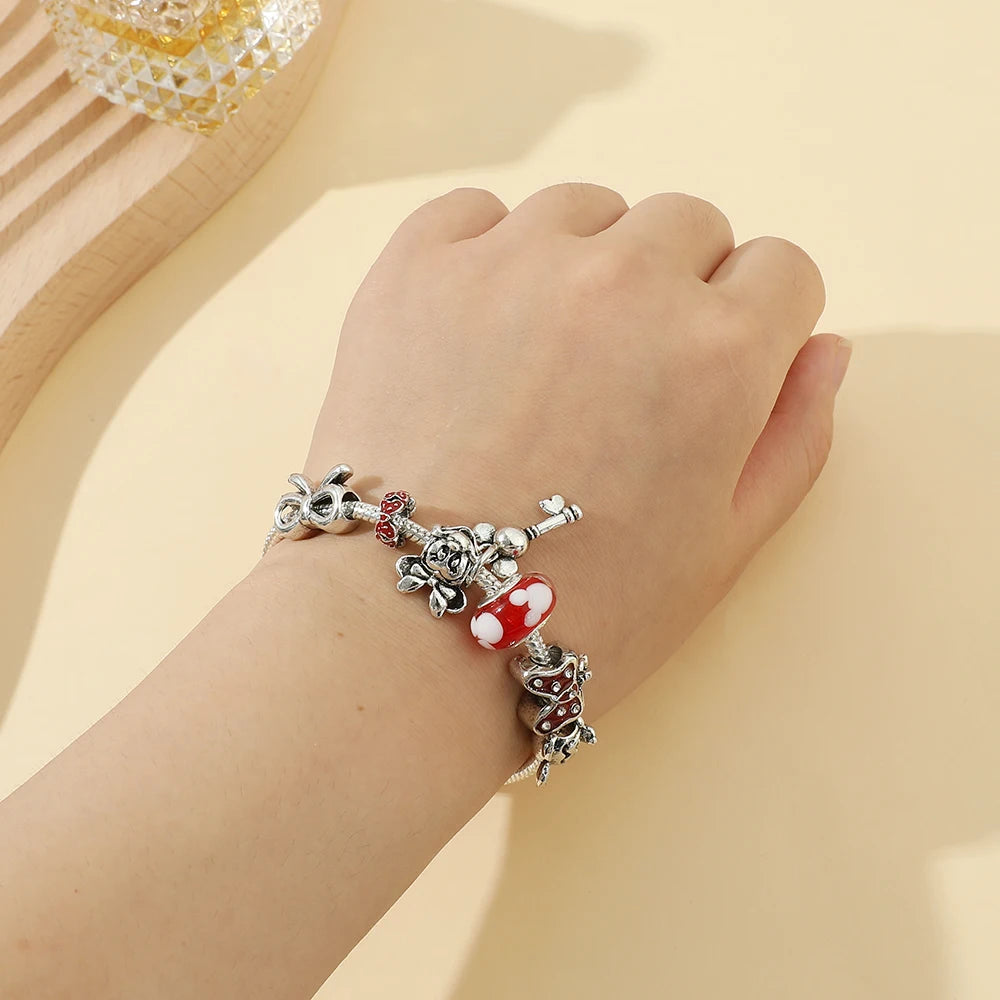 Disney Jewelry Red Crystal Mickey Minnie Pendant Bead Bracelet Silver