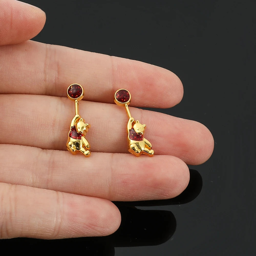 Disney Pooh Bear Rubies Ear Studs Luxury Charm Jewelry Cartoon Winnie the Pooh Earrings Accessories for Women High Quality Gift