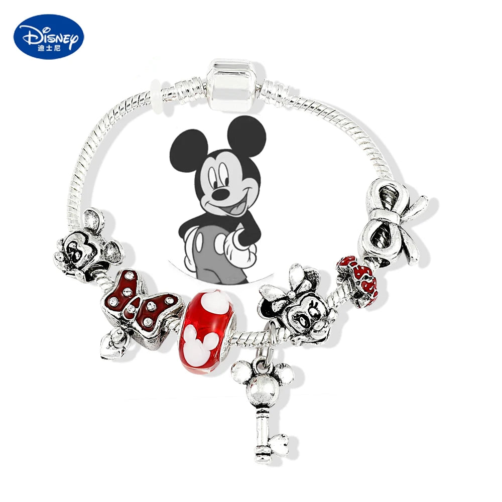 Disney Jewelry Red Crystal Mickey Minnie Pendant Bead Bracelet Silver