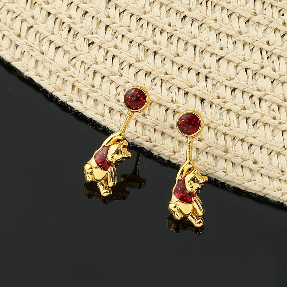 Disney Pooh Bear Rubies Ear Studs Luxury Charm Jewelry Cartoon Winnie the Pooh Earrings Accessories for Women High Quality Gift