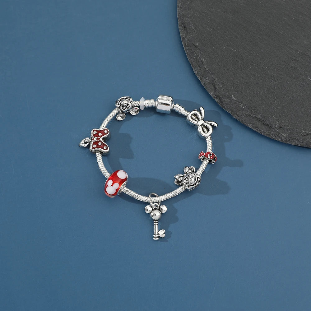 Disney Jewelry Red Crystal Mickey Minnie Pendant Bead Bracelet Silver