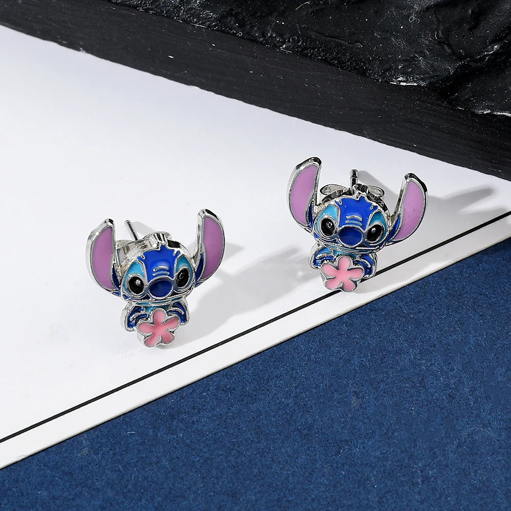 Disney-Cute Cartoon Stitch with Flower Stud Earrings