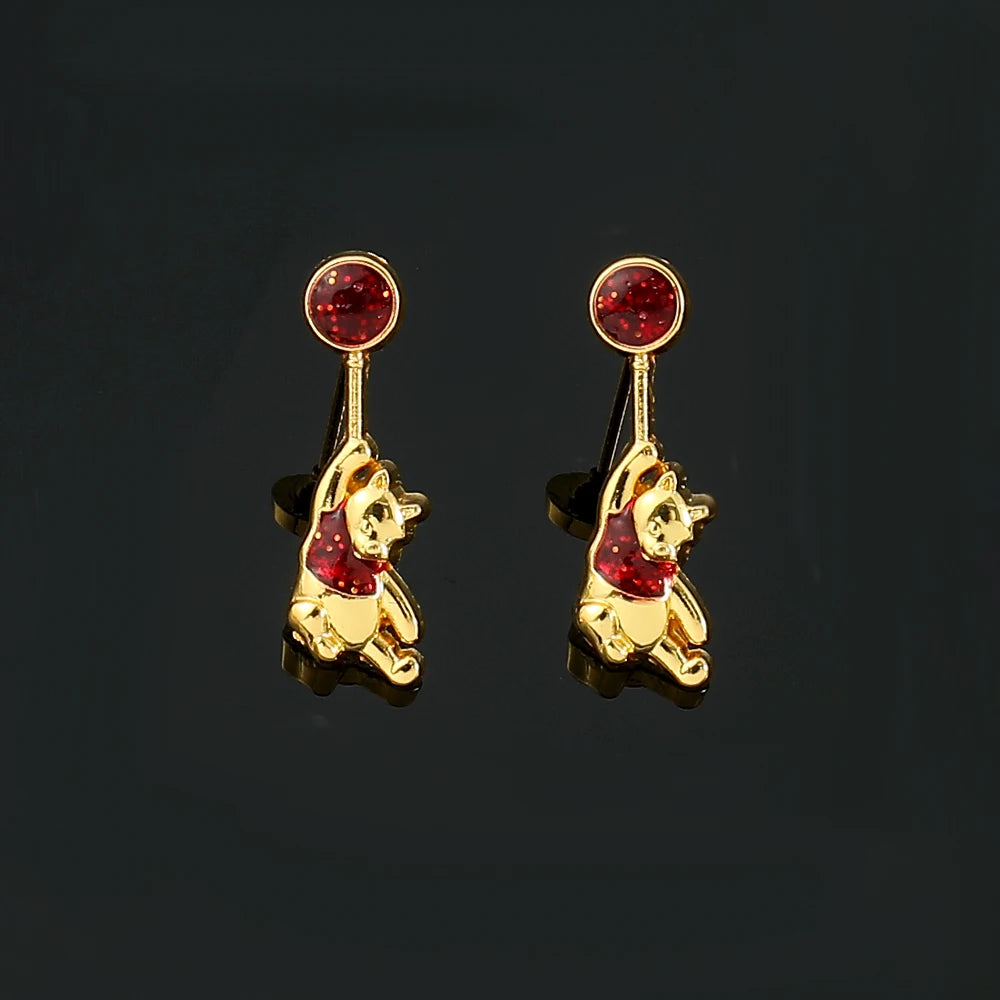 Disney Pooh Bear Rubies Ear Studs Luxury Charm Jewelry Cartoon Winnie the Pooh Earrings Accessories for Women High Quality Gift