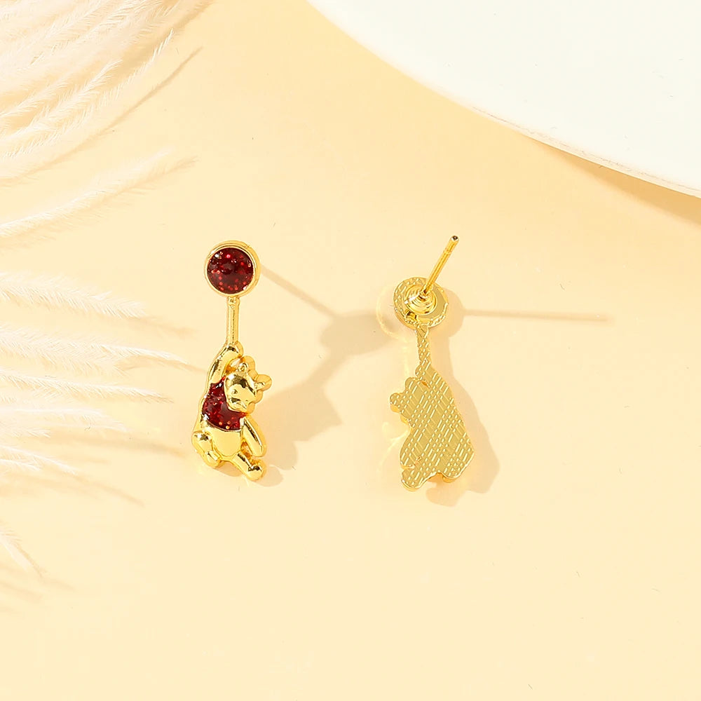 Disney Pooh Bear Rubies Ear Studs Luxury Charm Jewelry Cartoon Winnie the Pooh Earrings Accessories for Women High Quality Gift