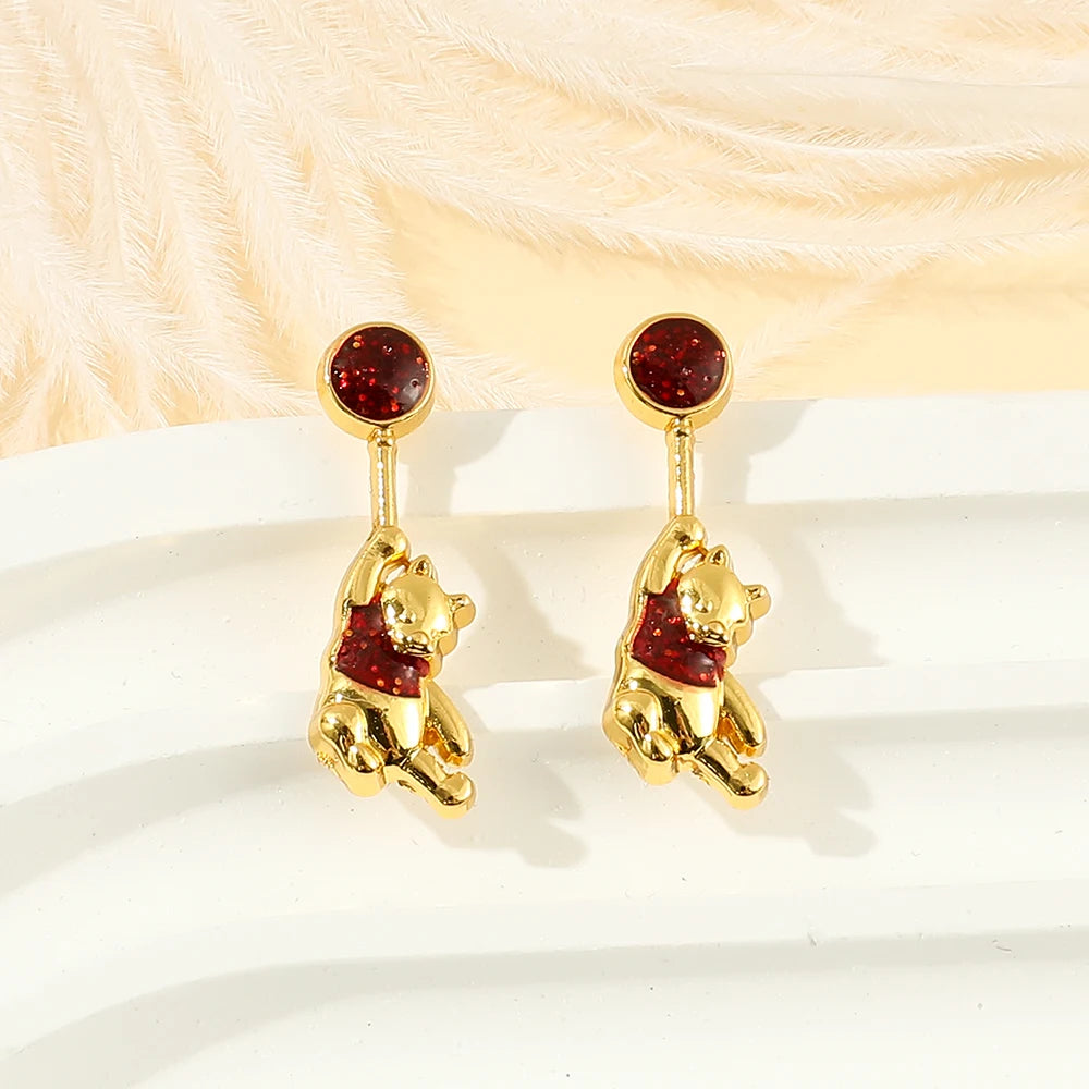 Disney Pooh Bear Rubies Ear Studs Luxury Charm Jewelry Cartoon Winnie the Pooh Earrings Accessories for Women High Quality Gift