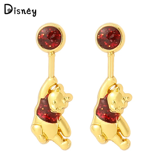 Disney Pooh Bear Rubies Ear Studs Luxury Charm Jewelry Cartoon Winnie the Pooh Earrings Accessories for Women High Quality Gift