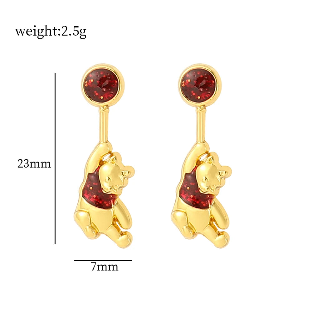 Disney Pooh Bear Rubies Ear Studs Luxury Charm Jewelry Cartoon Winnie the Pooh Earrings Accessories for Women High Quality Gift