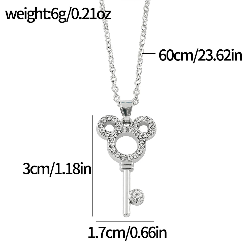 Disney Mickey Necklace Cute Cartoon Figure Rhinestones Mickey Key Metal Pendant Necklace Charm Jewelry Accessories Gifts